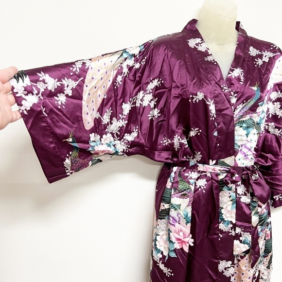 Old Shanghai Womens Dark Purple Peacock Feather Floral Print Belted Kimono Sz OS - Picture 4 of 8
